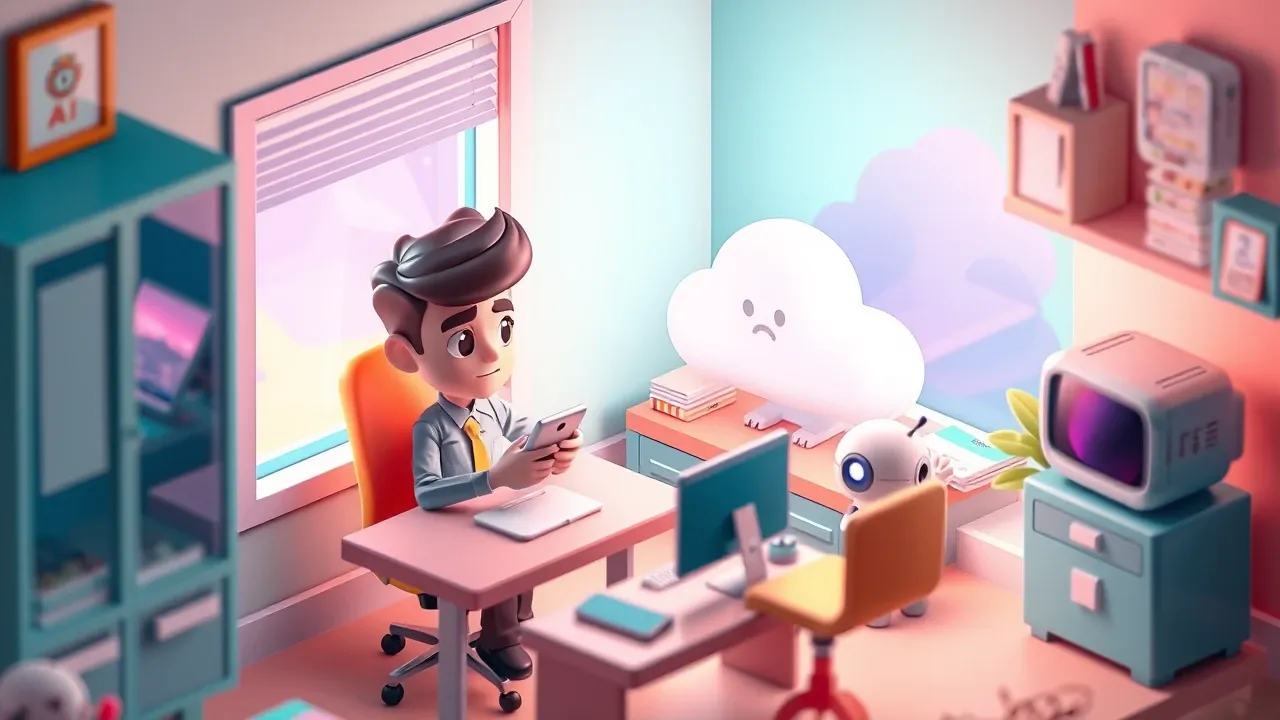 Arte isométrica estilo mobile game de um funcionário na mesa colando dados num celular pessoal enquanto uma nuvem de IA brilhante escapa pela janela, com um robozinho ao lado