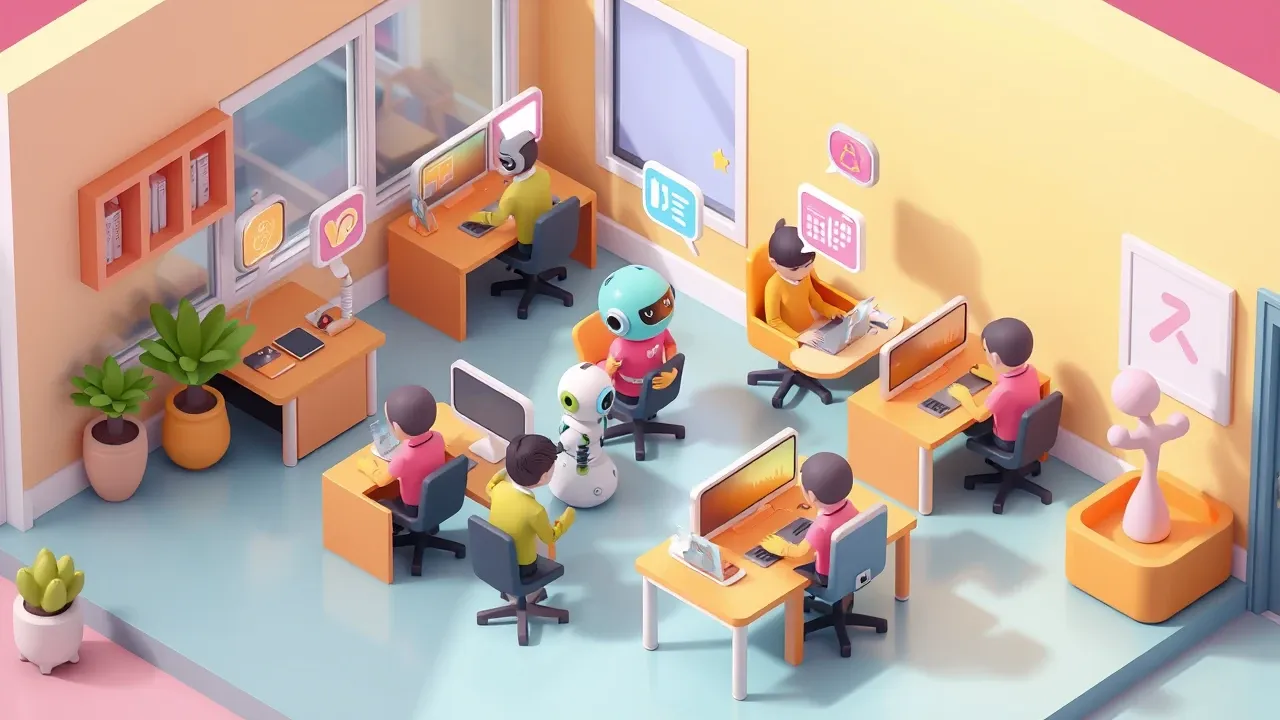 Arte isométrica de vários funcionários espalhados, cada um conversando com um robô ou app de IA diferente e colorido, sem nenhuma conexão entre eles