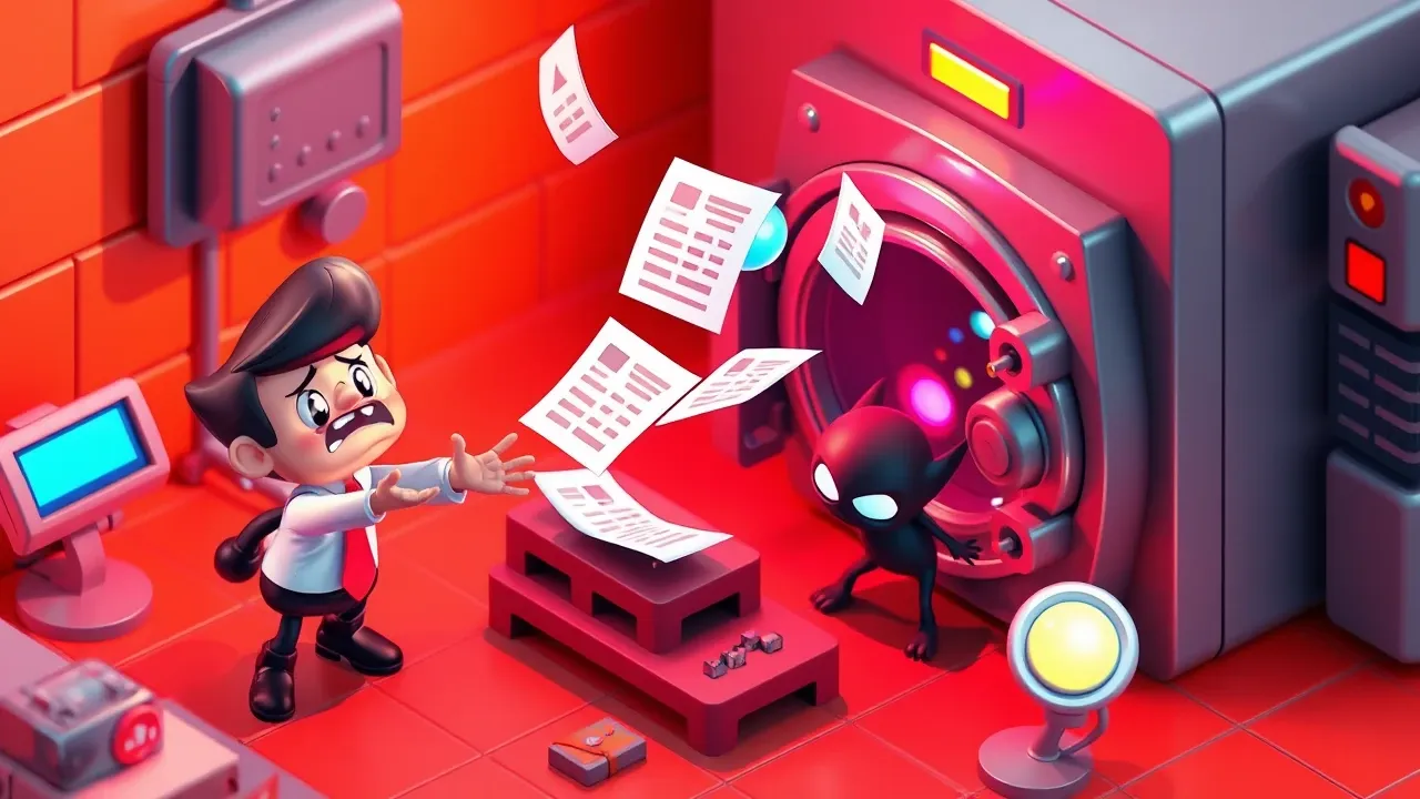 Arte isométrica de um funcionário preocupado tentando segurar documentos e dados que voam de um cofre aberto, com um gremlin sombra roubando um deles, em tons de alerta vermelho