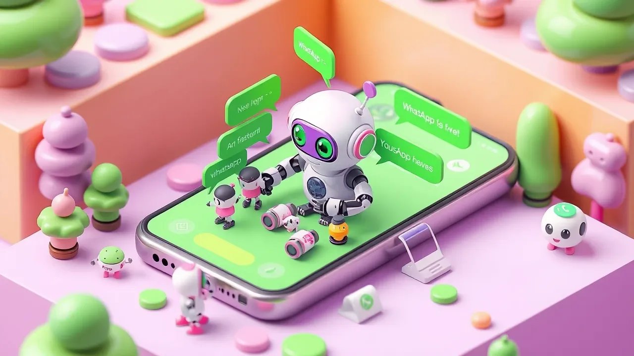 Diorama isometrico de um celular gigante mostrando uma conversa de WhatsApp, um robo simpatico dentro da tela respondendo varios clientes ao mesmo tempo, baloes verdes de mensagem, paleta verde-WhatsApp e violeta