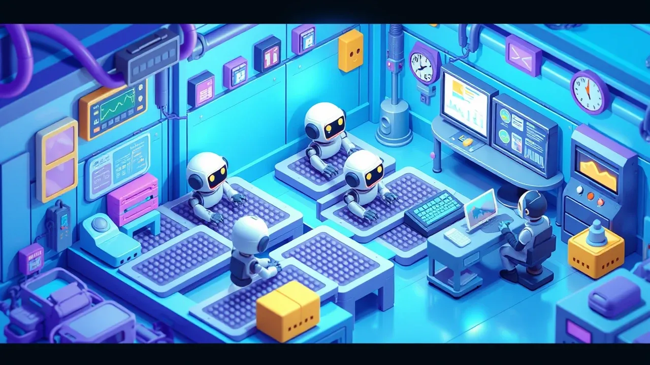 Diorama isometrico de uma central de operacoes em miniatura com robos cuidando de varias esteiras de tarefas repetitivas enquanto uma gestora supervisiona um painel, paleta azul e violeta