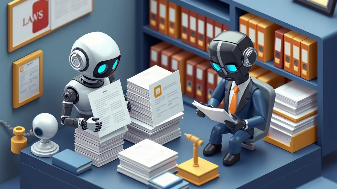 Diorama isometrico de um escritorio juridico em miniatura com um robo lendo pilhas de contratos enquanto uma advogada revisa o que ele marcou, prateleiras de processos ao fundo, paleta azul-marinho e dourado