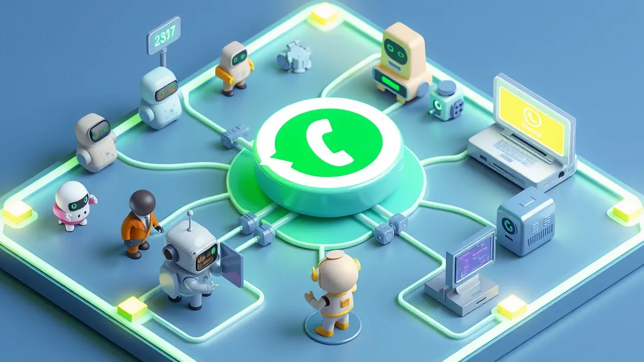 Diorama isometrico de um numero de WhatsApp central conectado por cabos luminosos a varios atendentes humanos e robos e a sistemas de empresa, simbolo verde do WhatsApp no centro, paleta verde e azul