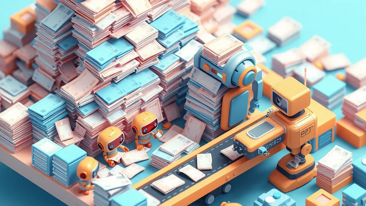 Diorama isometrico de uma equipe de TI soterrada por uma pilha de tickets identicos enquanto um robo comeca a separar os repetidos em uma esteira, paleta azul e laranja