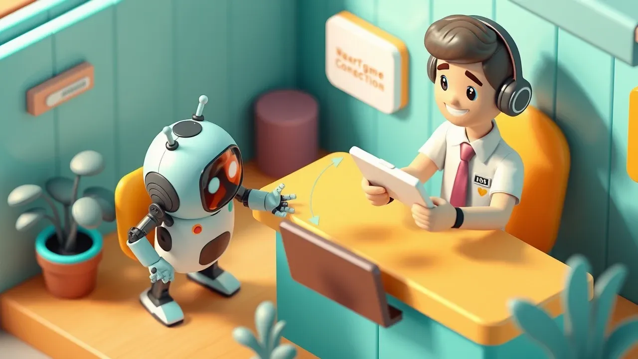 Diorama isometrico de um robo de atendimento em miniatura passando um balao de conversa para uma atendente humana sorridente atras de um balcao, uma seta clara de transferencia entre os dois, pasta de contexto sendo entregue junto, paleta turquesa e ambar quente