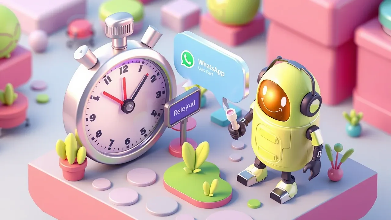 Diorama isometrico de um cronometro gigante ao lado de uma bolha de mensagem do WhatsApp, um robo de atendimento respondendo no exato segundo em que a mensagem chega, cliente aliviado sorrindo, paleta verde-whatsapp e violeta com luz quente