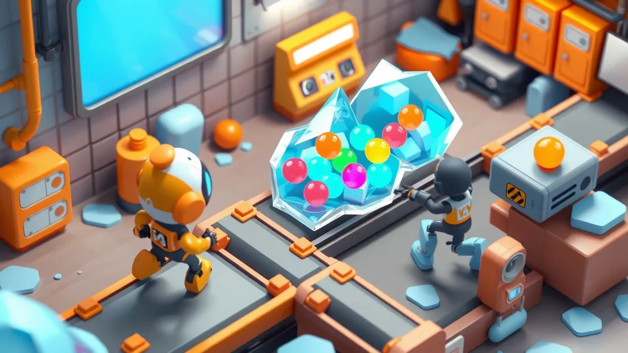 Diorama isométrico de leads coloridos esfriando e virando gelo numa esteira abandonada, enquanto um vendedor robô corre atrás de um lead novo e esquece os antigos, paleta azul-gelo e laranja