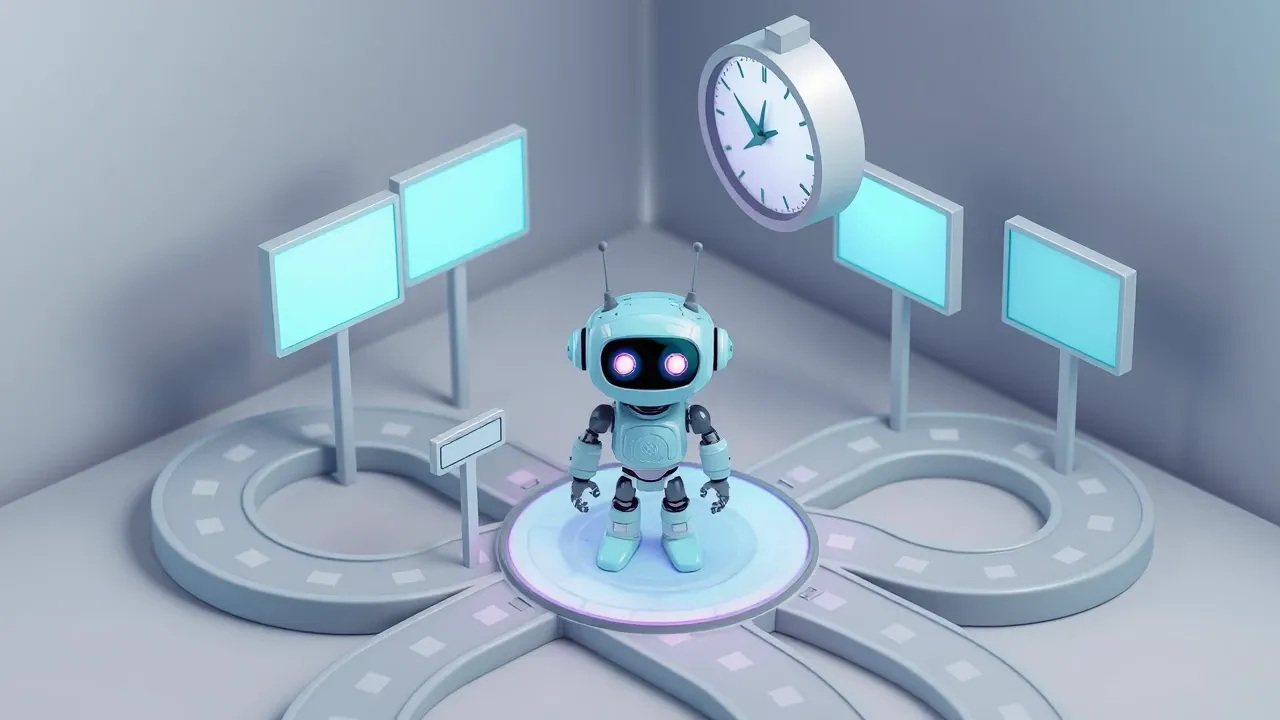 Diorama isométrico de um novo funcionário robô parado num cruzamento de caminhos confusos, com placas em branco e um relógio grande marcando tempo perdido