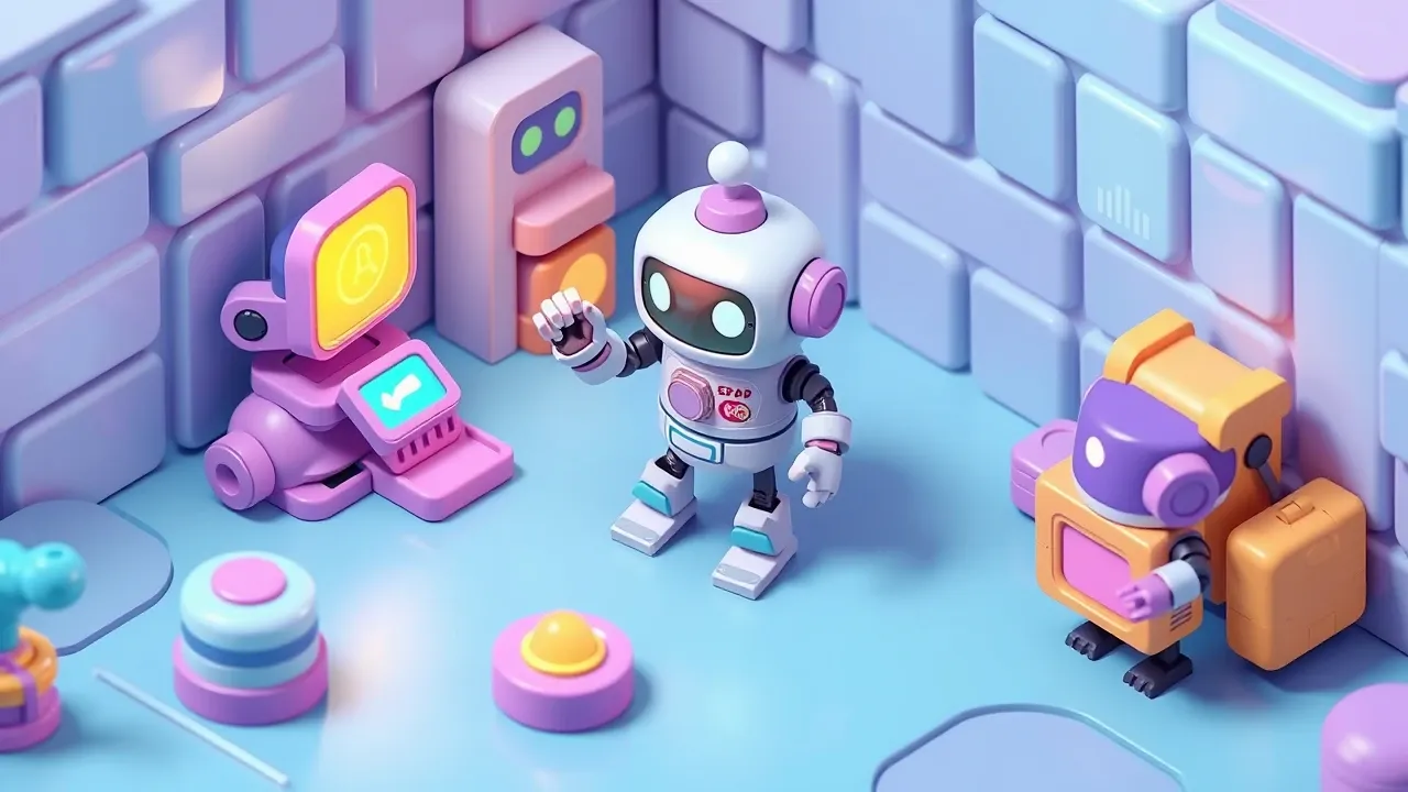 Diorama isometrico de um robo agente recebendo um objetivo, escolhendo ferramentas em um cinto e executando varios passos sozinho, paleta violeta e turquesa