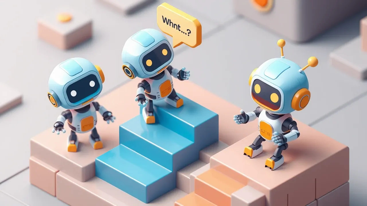 Tres robos lado a lado em degraus crescentes, o primeiro com um balao de fala simples, o segundo respondendo perguntas, o terceiro executando uma cadeia de acoes, paleta azul e ambar