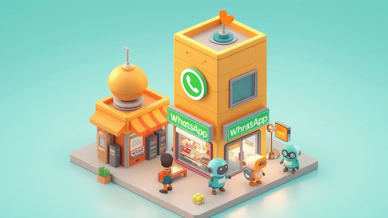 Diorama isometrico de uma pequena loja crescendo para um predio movimentado, a fila de clientes no WhatsApp ficando grande demais para uma pessoa so atender, paleta ambar e turquesa