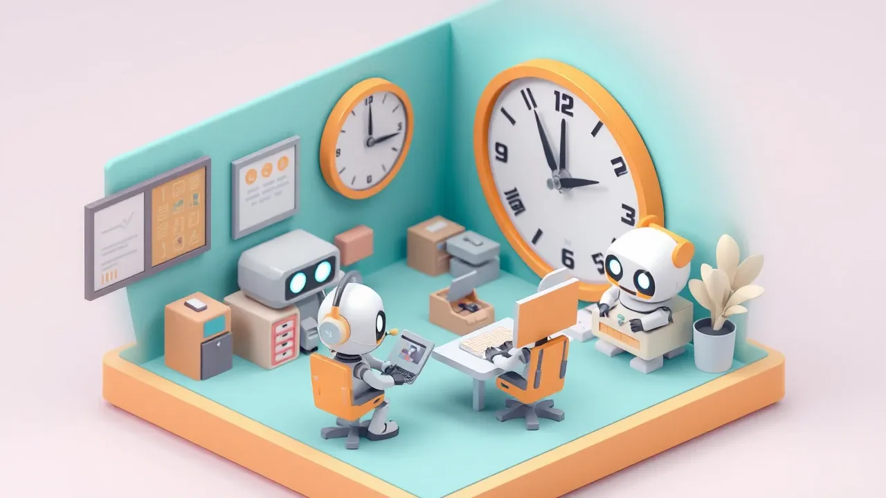 Diorama isometrico de uma central de atendimento em miniatura com robos respondendo perguntas frequentes enquanto humanos cuidam dos casos complexos, relogio marcando 24 horas ao fundo, paleta turquesa e ambar