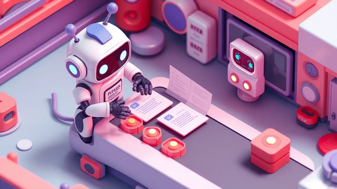 Diorama isometrico de um robo de atendimento separando mensagens em uma esteira, cinco luzes de alerta acendendo em cores diferentes sinalizando casos que devem ir para um atendente humano ao lado, paleta indigo e vermelho-coral com detalhes violeta