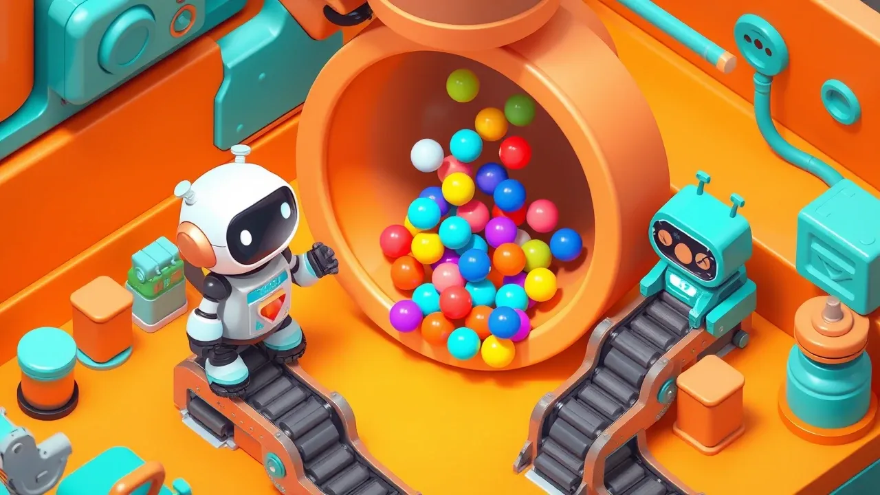 Robô na boca de um funil grande filtrando leads coloridos que caem, separando os quentes dos frios em duas esteiras, paleta laranja e turquesa