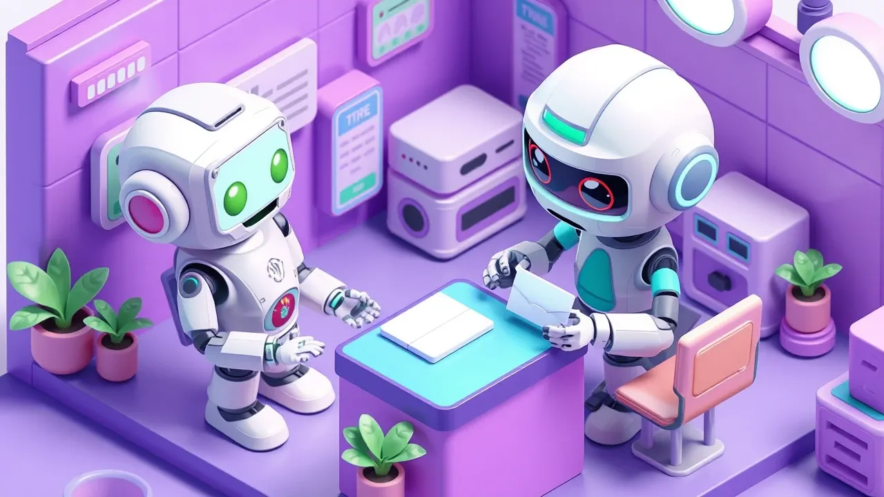 Robo simpatico atendendo um funcionario em um balcao, respondendo na hora a maioria das duvidas e passando um envelope para um analista humano em casos especiais, paleta violeta e verde