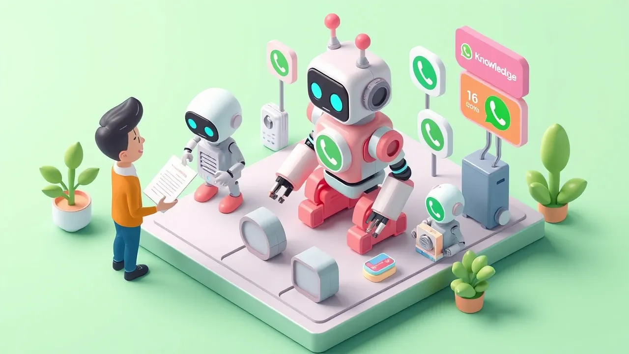 Diorama isometrico de uma pessoa descrevendo um atendente para um robo que se monta sozinho e se conecta ao WhatsApp, blocos de conhecimento e canais se encaixando, paleta verde-limao e indigo