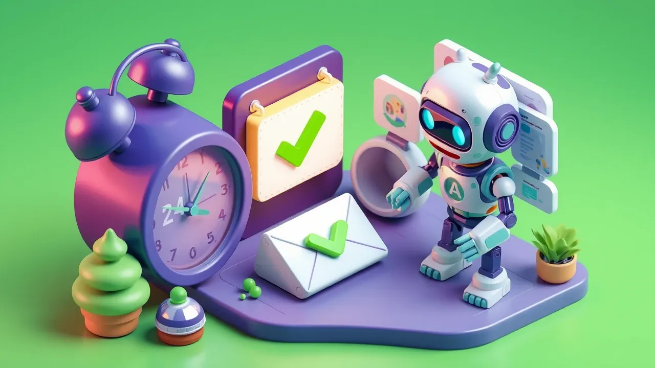 Diorama isometrico de um relogio de 24 horas ao lado de um envelope de mensagem aprovado, um robo organizando templates e janelas de conversa, paleta indigo e verde-limao