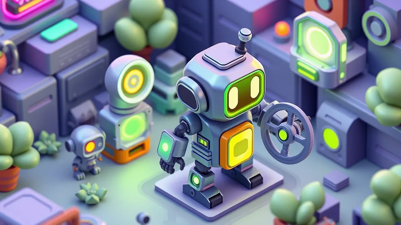 Diorama isometrico de um agente robo com quatro modulos visiveis, um alvo de objetivo, um cinto de ferramentas, um cerebro de memoria e um volante de autonomia, paleta indigo e verde-limao