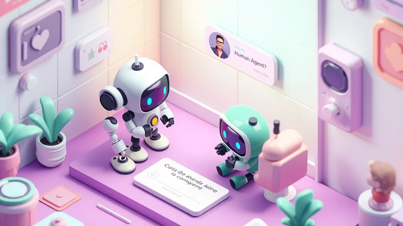 Diorama isometrico de uma conversa continuando sem corte enquanto a troca de um robo para uma atendente humana acontece nos bastidores, balao de chat unico fluindo sem quebra, ficha de contexto passando por baixo, paleta verde-menta e violeta suave