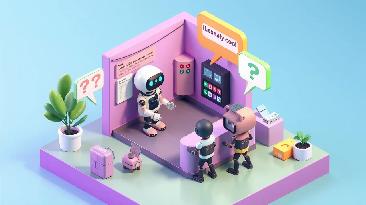 Diorama isometrico de um balcao de atendimento juridico onde um robo simpatico responde perguntas de colaboradores que chegam com duvidas, baloes de pergunta e resposta, paleta violeta e verde