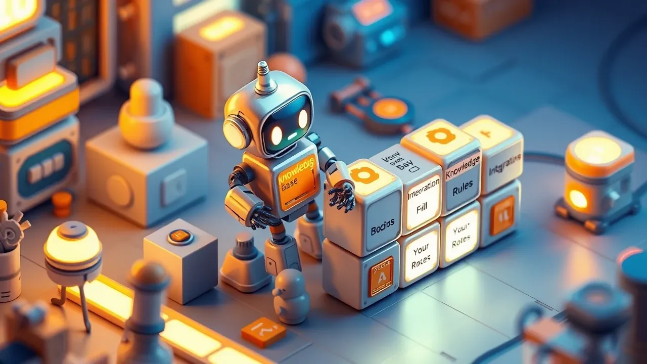 Diorama isometrico de um robo sendo montado a partir de blocos rotulados base de conhecimento, integracoes e regras, com um trilho de escalonamento saindo do lado, paleta indigo e ambar