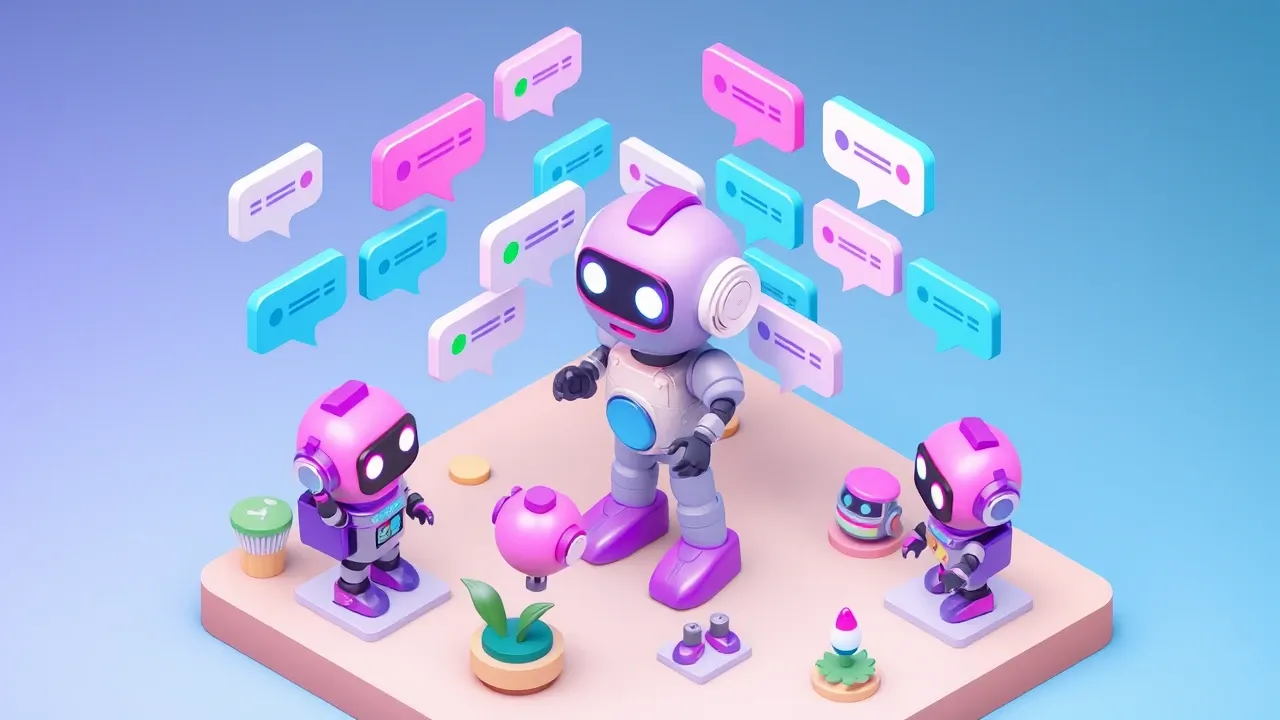 Diorama isometrico de um robo de atendimento respondendo dezenas de baloes de mensagem ao mesmo tempo no instante em que chegam, contador de tempo marcando segundos, esteira de mensagens fluindo sem acumulo, paleta turquesa e violeta vibrante