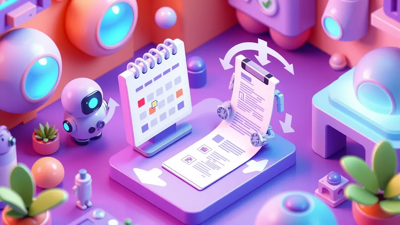 Diorama isométrico de um robô organizando um calendário flutuante e um documento de proposta, com setas de follow-up girando em ciclo, paleta violeta e azul