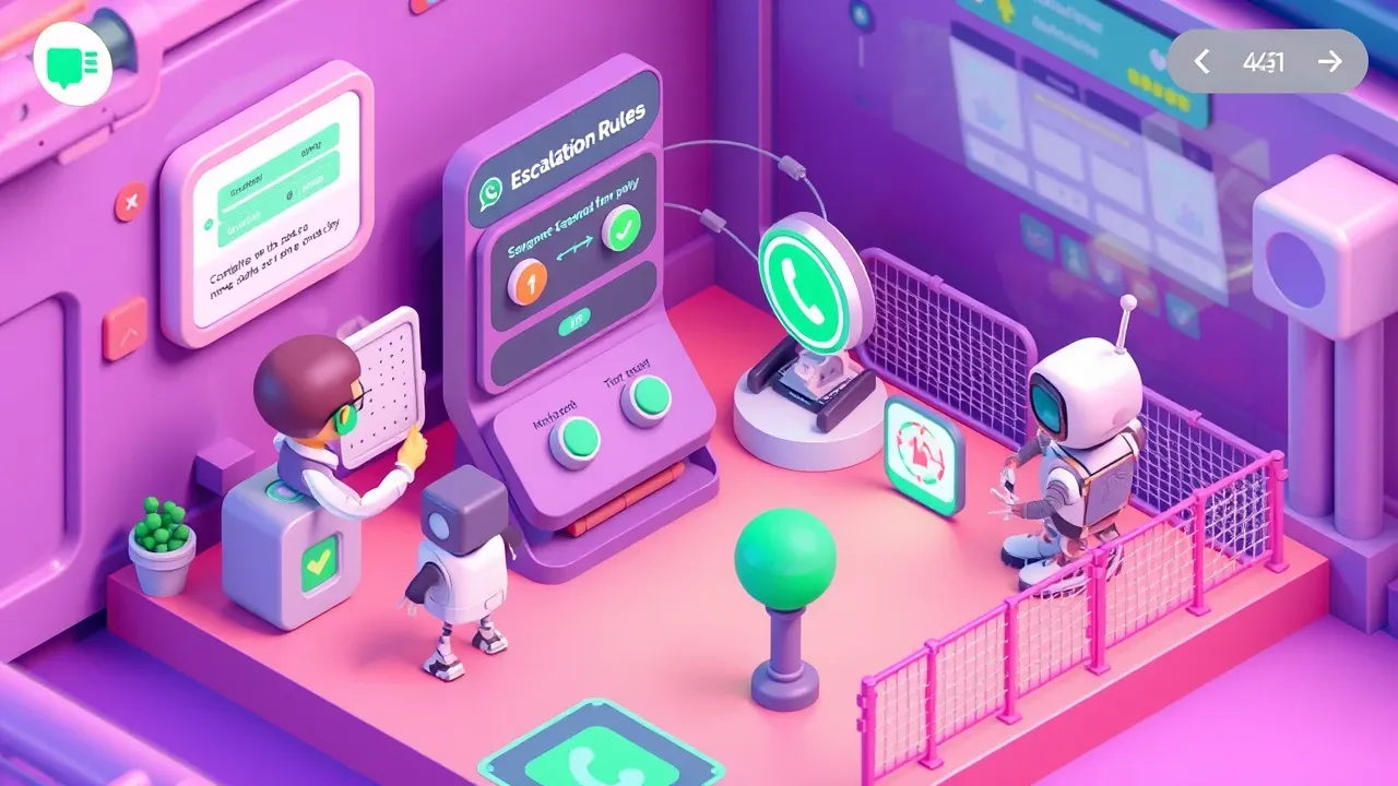 Diorama isometrico de uma pessoa montando regras de escalonamento conversando com um robo, painel com chaves de gatilho ligando, conexao com WhatsApp e uma equipe humana de plantao, cerca de governanca com escudo de auditoria ao redor, paleta violeta e verde-limao