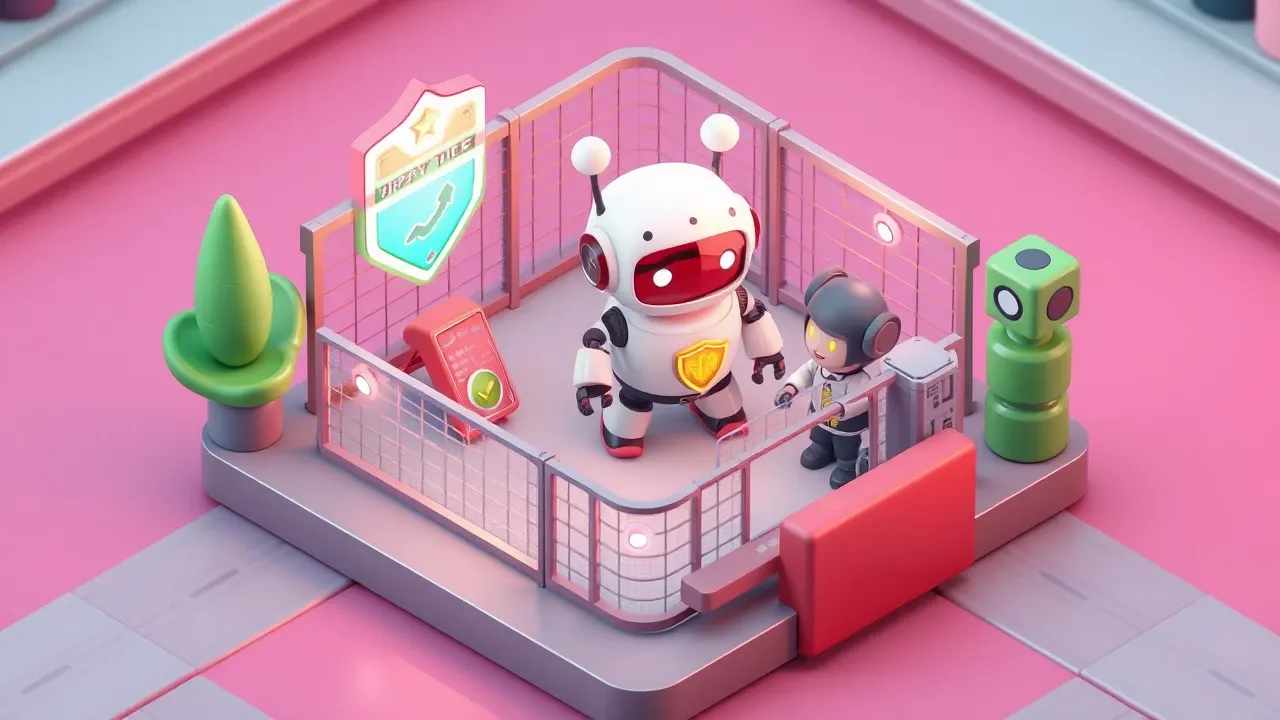Diorama isometrico de um robo de atendimento dentro de uma cerca de seguranca com escudos, um sinal claro de passagem para um atendente humano ao lado, paleta esmeralda e vermelho-suave
