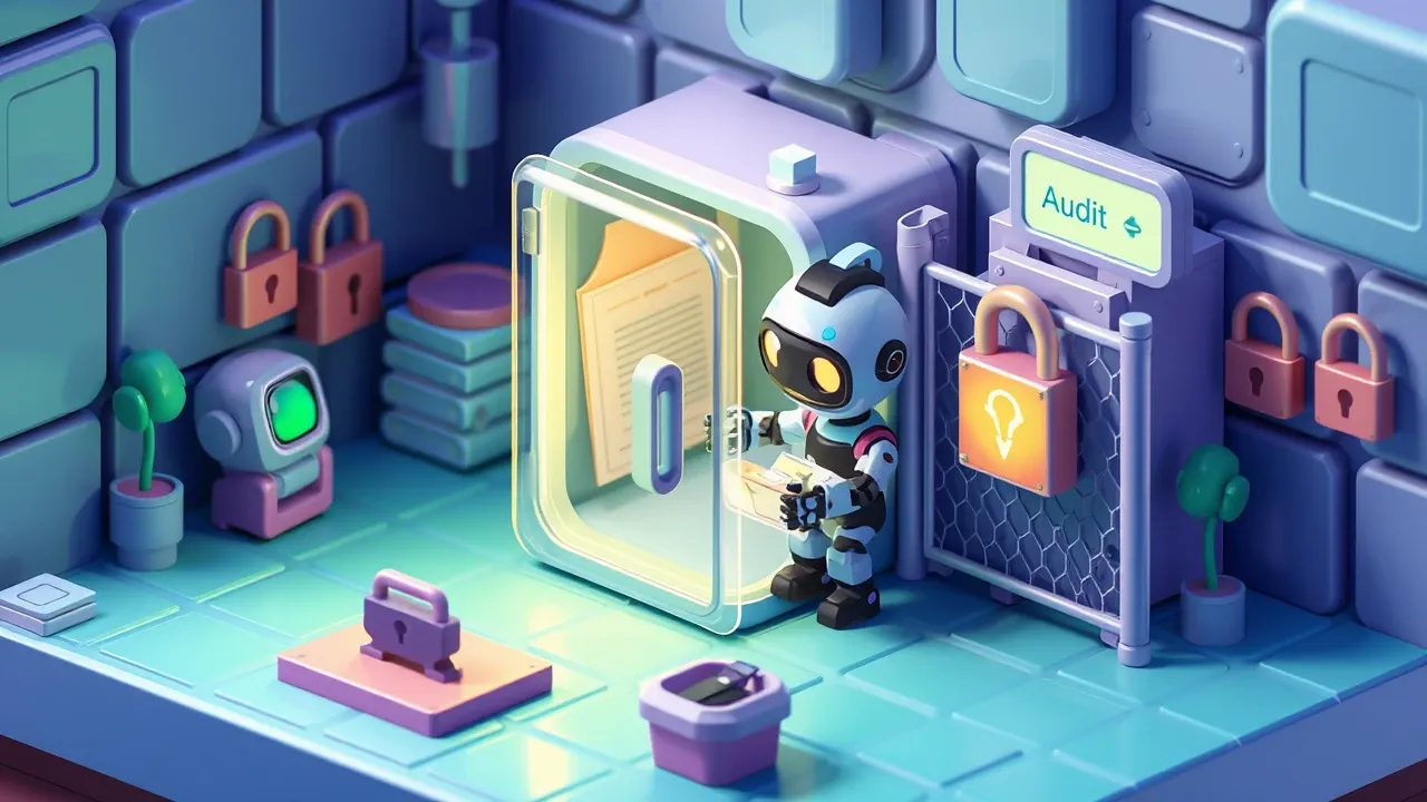 Diorama isometrico de um cofre transparente protegendo documentos juridicos enquanto um robo trabalha dentro de uma cerca de seguranca com cadeados e registro de auditoria, paleta verde-esmeralda e indigo