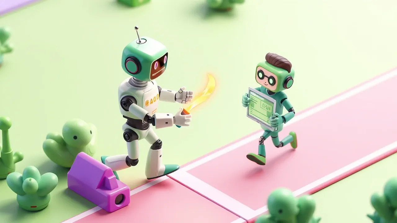 Robô passando o bastão de um lead reaquecido para um vendedor humano numa linha de chegada, com um painel de métricas subindo ao lado, paleta verde e violeta