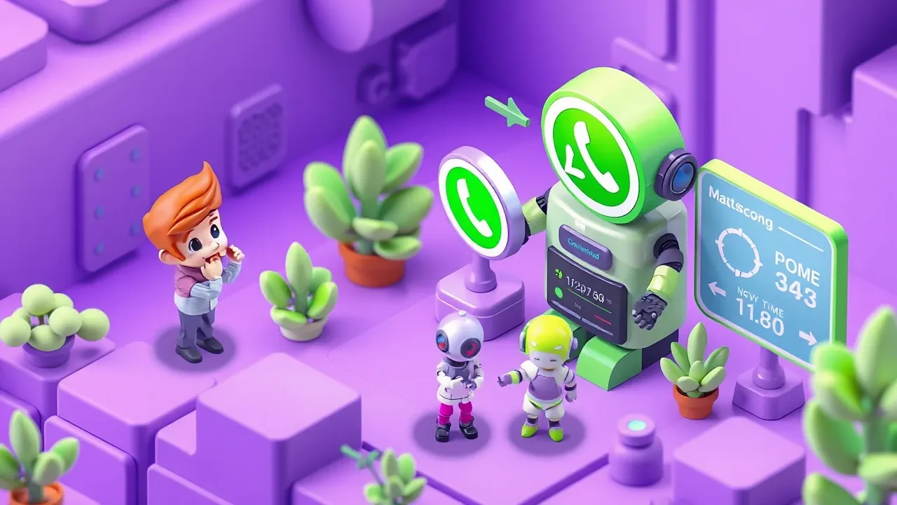 Diorama isometrico de uma pessoa montando um agente de WhatsApp conversando com um robo, icone do WhatsApp conectando sozinho, base de conhecimento subindo, escudo de guardrails ligando, painel de metricas de tempo ao lado, paleta violeta e verde-limao