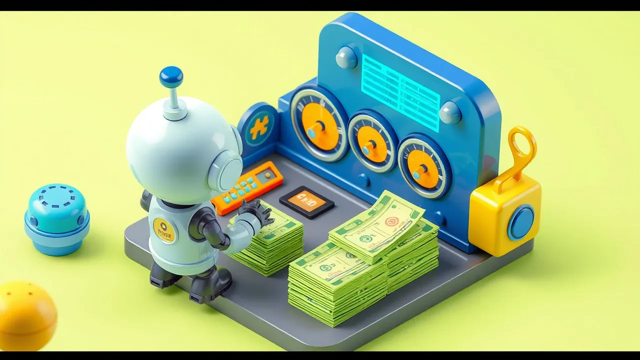 Robo observando um painel com tres medidores subindo, deflexao, tempo de resposta e satisfacao, enquanto a pilha de tickets ao lado encolhe, paleta verde-limao e azul