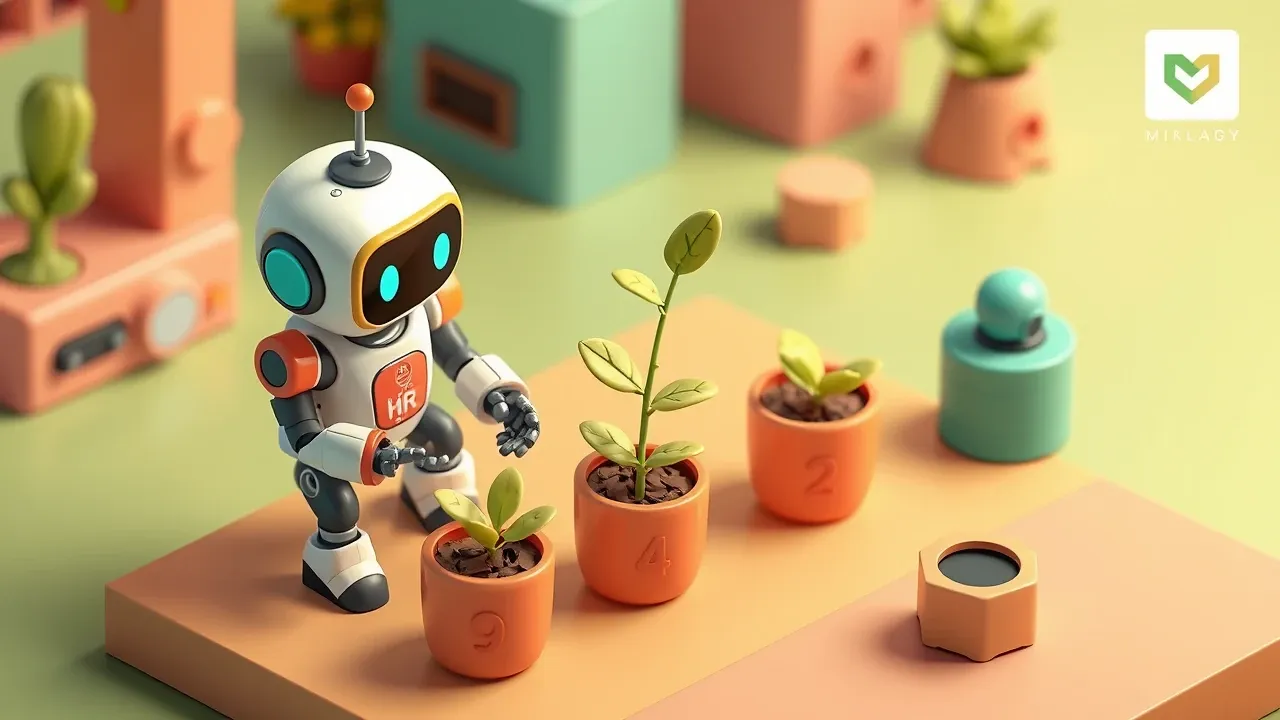 Robô de RH cuidando de uma plantinha que cresce em vasos numerados, simbolizando desenvolvimento e ciclo do funcionário, tons verdes e quentes