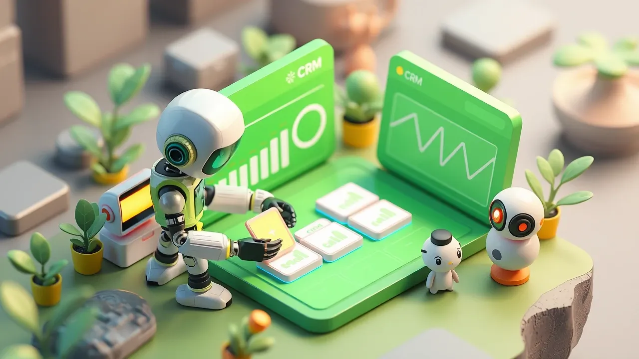 Robô preenchendo automaticamente fichas de um painel de CRM que se acende em verde, com um aperto de mãos concluído ao fundo, paleta verde e grafite