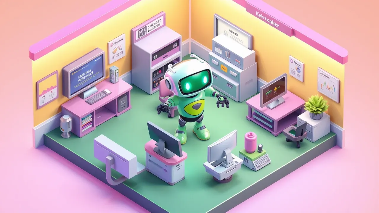 Robo agente atuando em varias estacoes de uma empresa em miniatura, atendimento, vendas e suporte interno, cada uma com seu fluxo concluido, paleta verde e violeta