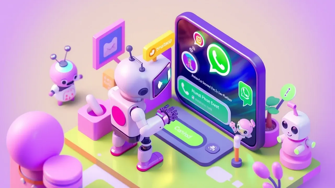 Diorama isometrico de um robo de IA atendendo clientes no WhatsApp dentro de uma plataforma, conectado ao CRM e a base de conhecimento, com passagem clara para um atendente humano, paleta violeta e verde