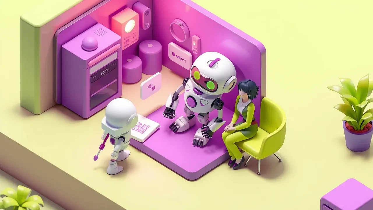 Diorama isometrico de uma gestora conversando com um robo que se monta sozinho a partir da descricao dela, sem codigo nem fios complicados, paleta violeta e verde-limao